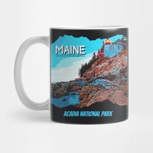 Acadia National Park, Maine - for adventure lover, camping, hiking, outdoor, lighthouse, mountain, waterfall, road trip, Retro vintage comic style design Mug